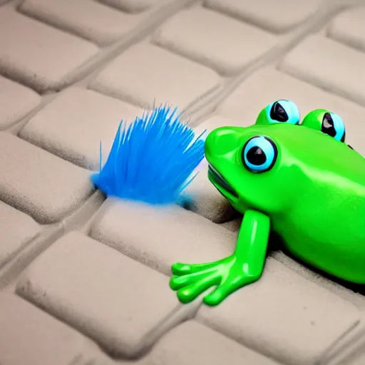 Image similar to plastic toy frog cleaning up the laundromat, pastel colors