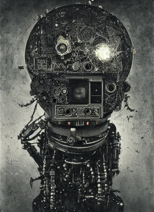 Image similar to old wetplate daguerreotype portrait of futuristic robot, explosion of data fragments, fractal, intricate, elegant, highly detailed, parallax, leica, medium format, subsurface scattering, by jheronimus bosch and greg rutkowski and louis jacques mande daguerre