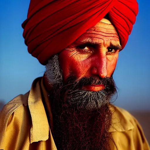 Image similar to portrait of president donald trump as afghan man, green eyes and red turban looking intently, photograph by steve mccurry