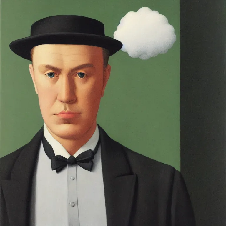 Image similar to portrait of a man in a suit, his head is a cloud, by rene magritte, detailed painting, hd, hq, high resolution, high detail, 4 k, 8 k