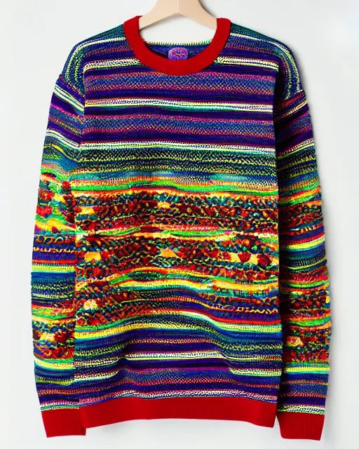 Prompt: new colorful coogi sweater with intricate woven patterns