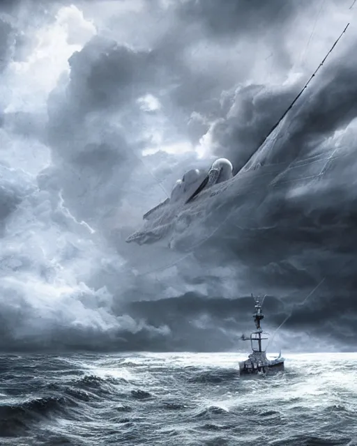 Image similar to establishing shot of a fishing boat on stormy seas, a gigantic star destroyer spaceship in the storm clouds flying overhead, star destroyer spaceship is emerging from storm clouds, stormy weather, dramatic lighting, unreal engine, hyper realism, realistic shading, cinematic composition, realistic render, octane render, detailed textures, photorealistic, ultrawide shot, 16mm lens