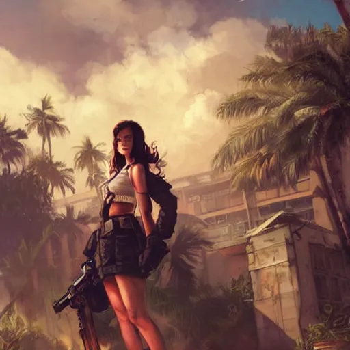 Prompt: fallout 5 miami, charismatic beautiful rugged brunette female protagonist, portrait, outdoors tropical cityscape, atmospheric lighting, painted, intricate, volumetric lighting, beautiful, daytime, sunny weather, few clouds, sharp focus, deep colours, ultra detailed, art by krenz cushart and wenjun lin