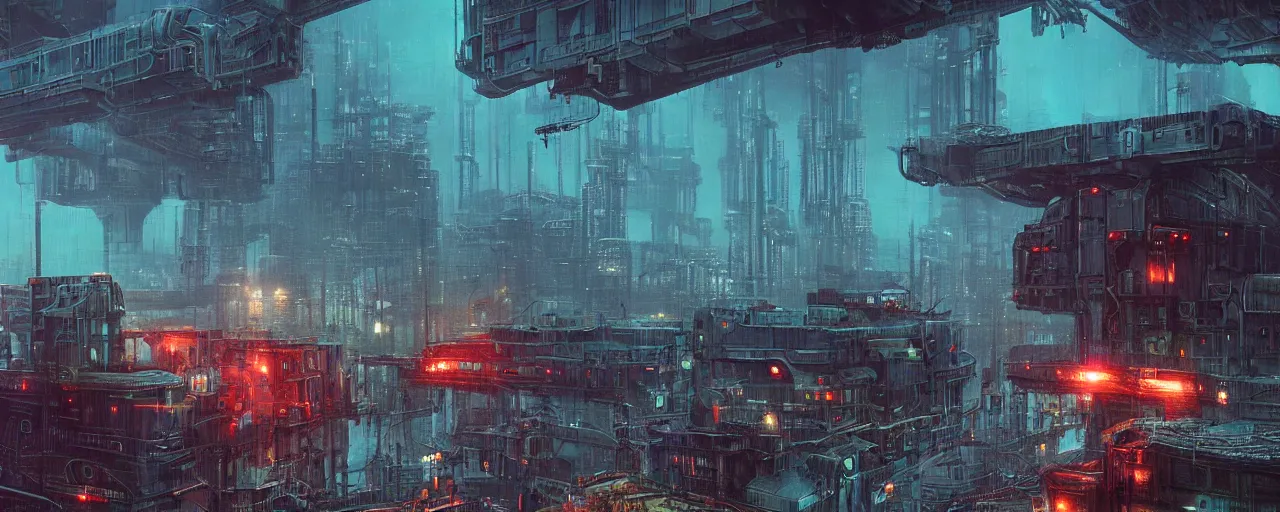 Image similar to ” industrial alien landscape, [ rain, city, cinematic, detailed, epic, widescreen, opening, establishing, mattepainting, photorealistic, realistic textures, octane render, art by slop and paul lehr ] ”