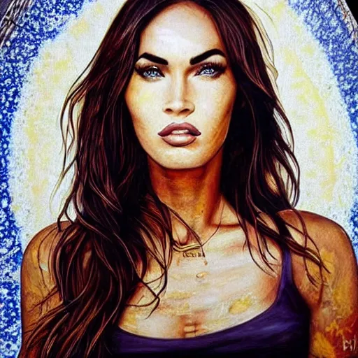 Image similar to “Megan Fox sand paintings, ultra detailed portrait, 4k resolution”