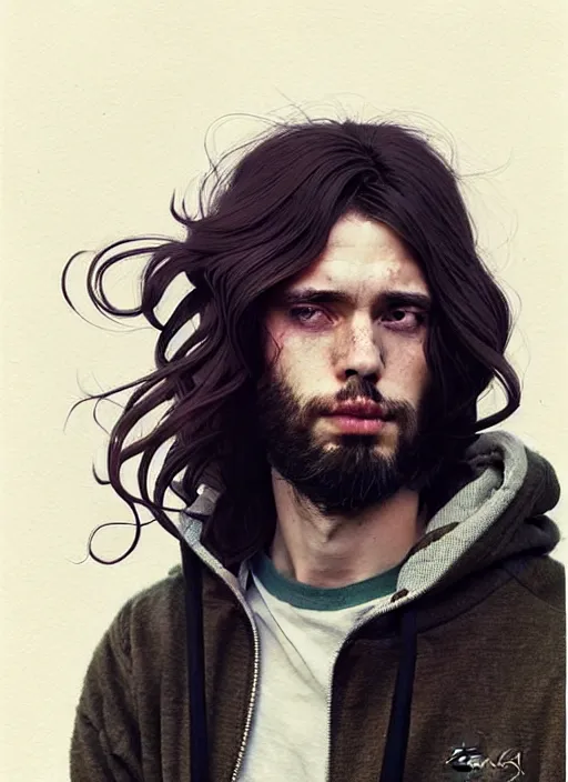 Prompt: highly detailed portrait of a beautiful man with long hair, tartan hoody, photographic realistic background, ringlet hair by atey ghailan, by greg rutkowski, by greg tocchini, by james gilleard, by joe fenton, by kaethe butcher, gradient violet, black, cream and white color scheme, trending in pinterest, award winning details