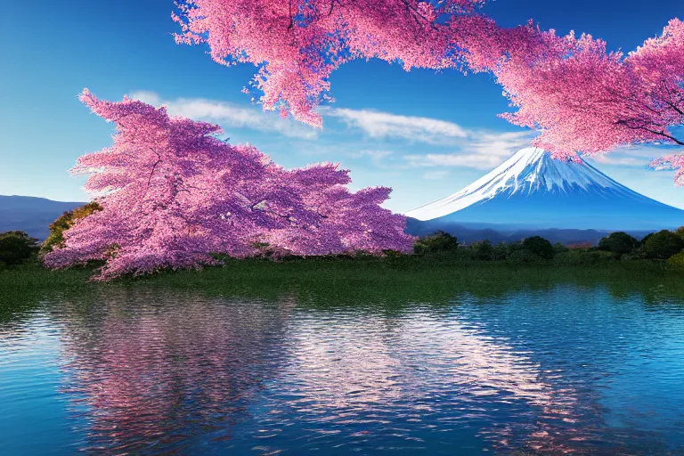 Image similar to mount fuji, view from behind lake, sunny morning, photorealistic landscape, 8 k, octane render, standing under blossoming cherry trees