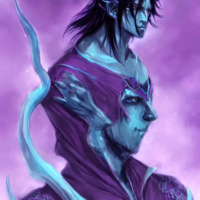 Image similar to Handsome purple and Teal skinned Tiefling, striking azure eyes, black hair, Yoshitaka Amano, digital art