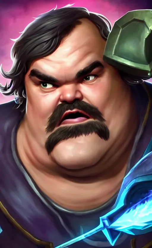 Image similar to Jack Black as a character in the game League of Legends, with a background based on the game League of Legends, detailed face, old 3d graphics