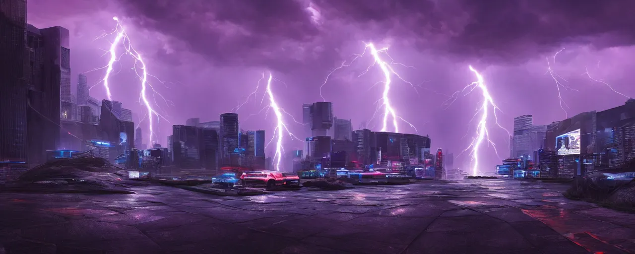 Image similar to cyberpunk landscape, vivid, volumetric lighting, lightning, thunder, storm, portal, puddles, mystical, lens flares, fog