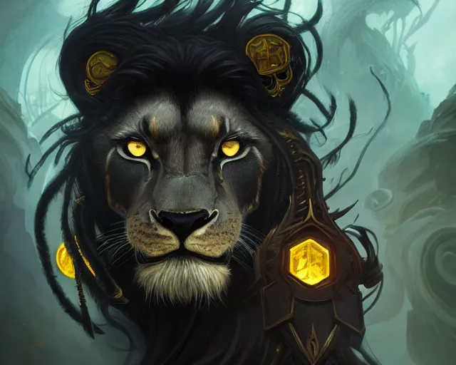 Image similar to black lion with deep big yellow eyes, deep focus, d & d, fantasy, intricate, elegant, highly detailed, digital painting, artstation, concept art, matte, sharp focus, illustration, hearthstone, art by artgerm and greg rutkowski and alphonse mucha