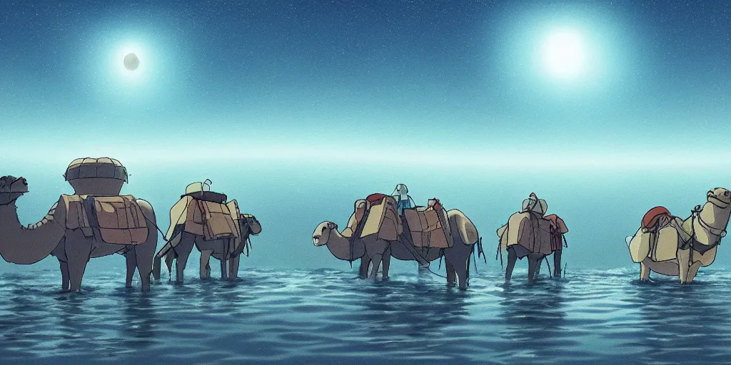 Image similar to a cell - shaded studio ghibli concept art of a silver hovering ufo shining a spotlight on a camel caravan in a flooded stonehenge desert road gas station on a misty starry night. very dull colors, hd, 4 k, hq