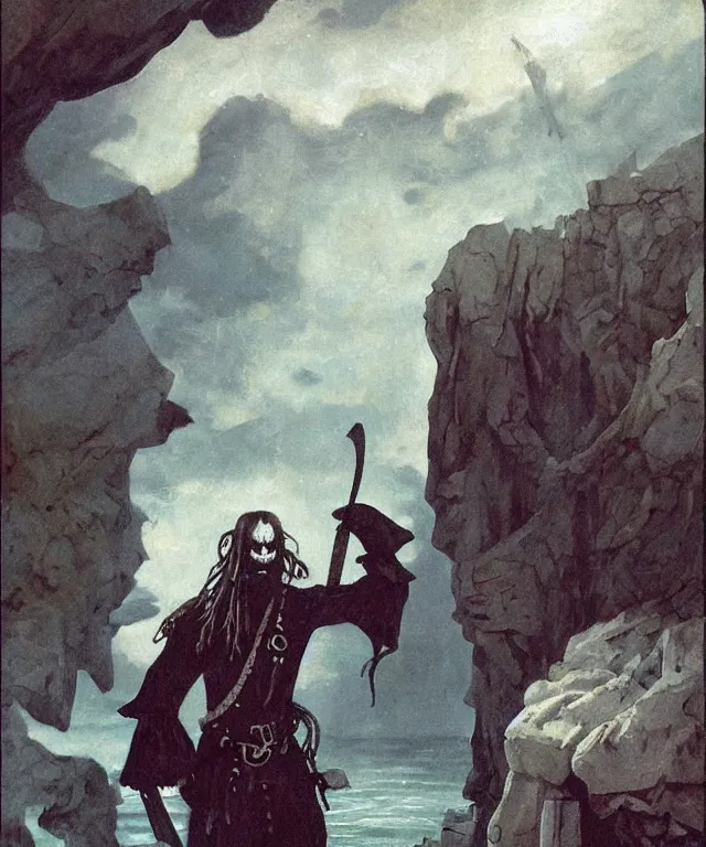 Image similar to ultra realistic color portrait painting of an ghostly 1 7 th century pirate with a sword in a grotto, dark, painted, brooding, atmospheric, seascape, lovecraft, horror, smooth, epic, highly detailed, cinematic, by angus mcbride