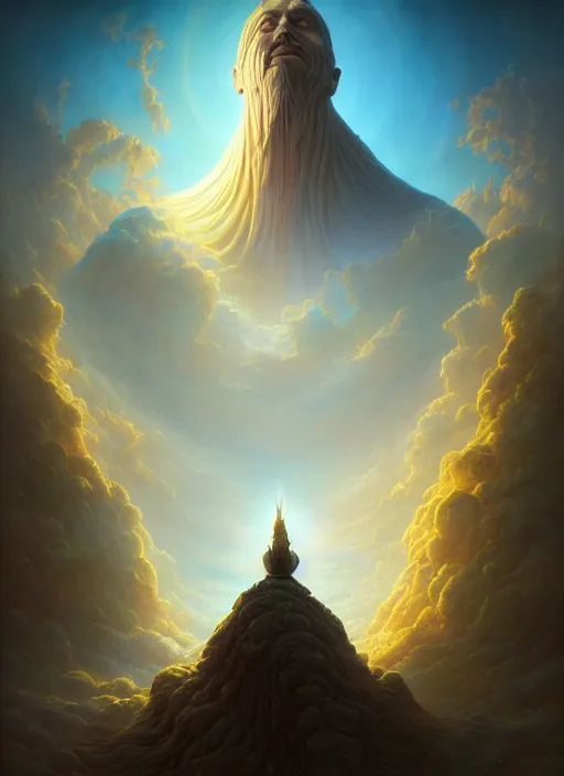 Prompt: a gigantic deity looking down on a man standing in front of her, in the style of tomasz alen kopera and fenghua zhong and peter mohrbacher, mystical colors, rim light, beautiful lighting, 8 k, stunning scene, raytracing, octane, trending on artstation