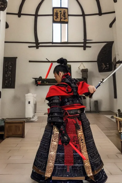 Image similar to samurai warrior in a a monastery dedicated to worshiping artificial intelligence