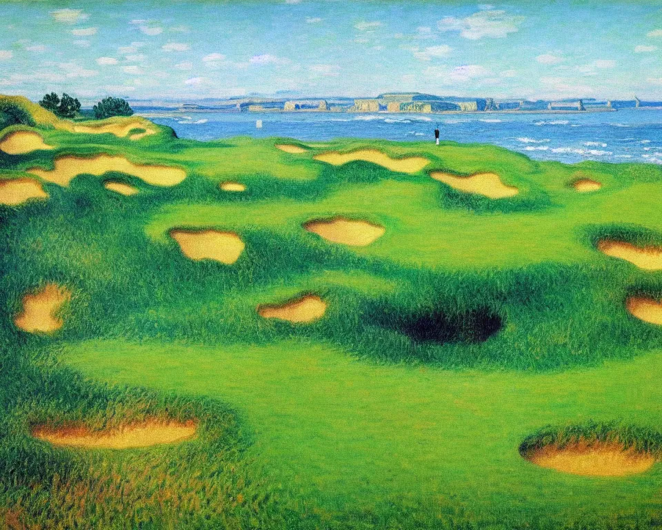 Image similar to achingly beautiful painting of bandon dunes golf course by rene magritte, monet, and turner.