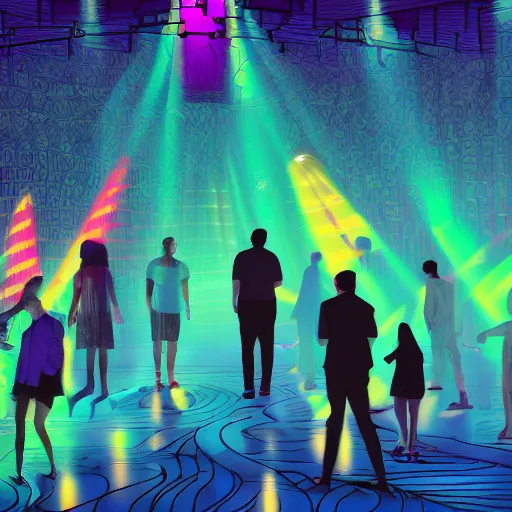 Image similar to cartoon, vaporwave, people communicating with each other in groups of ten, a large hall, dim painterly lighting volumetric aquatics, disco party