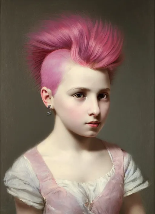 Prompt: a detailed portrait of preteen girl with a mohawk by edouard bisson, pink hair, punk rock, looking at the camera, oil painting, muted colours, soft lighting