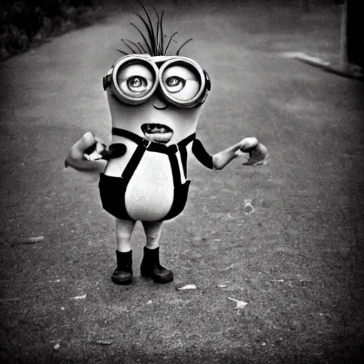 Prompt: old creepy black and white photograph of a minion