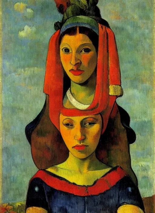 Image similar to portrait of young woman in renaissance dress and renaissance headdress, art by paul gauguin