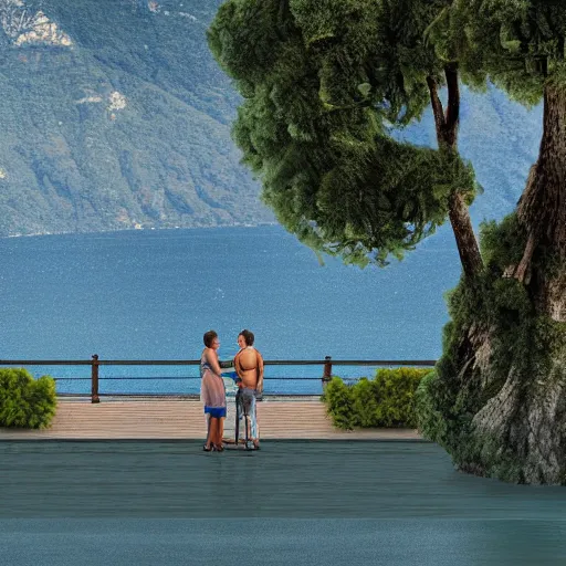 Prompt: an hugging couple standing on punta larici in lago di garda, realistic digital art