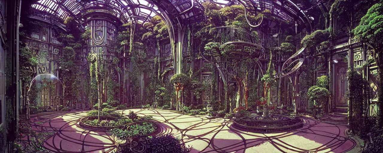 Prompt: a luxurious scifi futuristic victorian garden courtyard by killian eng, moebius, philippe druillet
