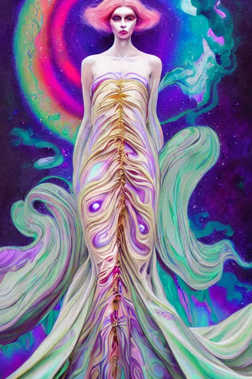 Prompt: 👾👗🛸🌈, paint marble, intricate flowing gown, high fashion, designer, streetwear, phantom, dreary, flowery details, dramatic, fluid, iridescent, golden ratio, artstation, moebius + loish + wlop, hd, oil painting, hyper realistic,