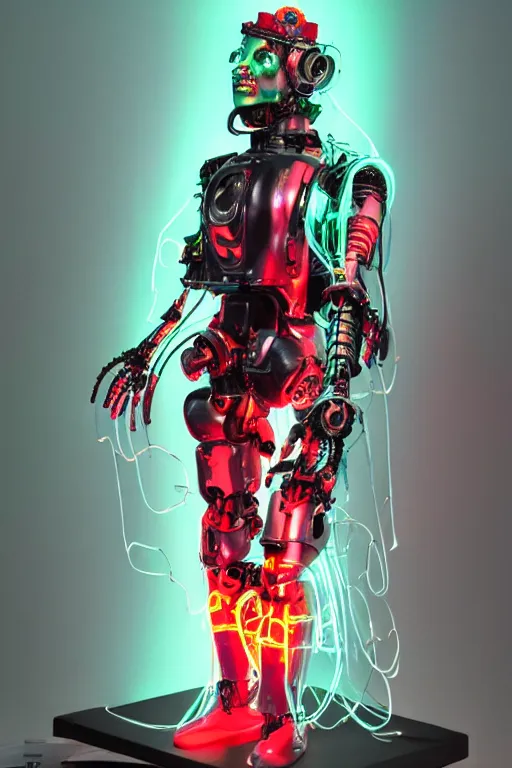 Image similar to full-body rococo and cyberpunk style mint neon and ceramic statue of a muscular attractive Spanish robot god humanoid wearing a thing see-through plastic cloak sim roupa, posing like a super hero, suspended to the wall thick clear cables around his wrists, glowing mint face, crown of red steampunk lasers, emeralds, swirling silver silk fabric. futuristic elements. oozing glowing liquid, full-length view. space robots. human skulls. throne made of bones, intricate artwork by caravaggio. Trending on artstation, octane render, cinematic lighting from the right, hyper realism, octane render, 8k, depth of field, 3D