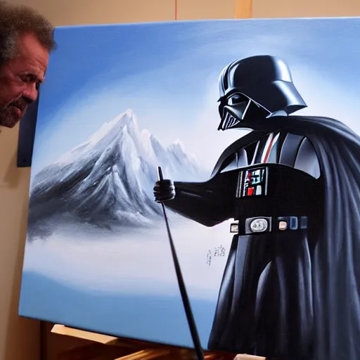 Image similar to a closeup photorealistic photograph of bob ross working on a canvas painting of darth vader. film still. brightly lit scene. mountains and trees. this 4 k hd image is trending on artstation, featured on behance, well - rendered, extra crisp, features intricate detail, epic composition and the style of unreal engine.