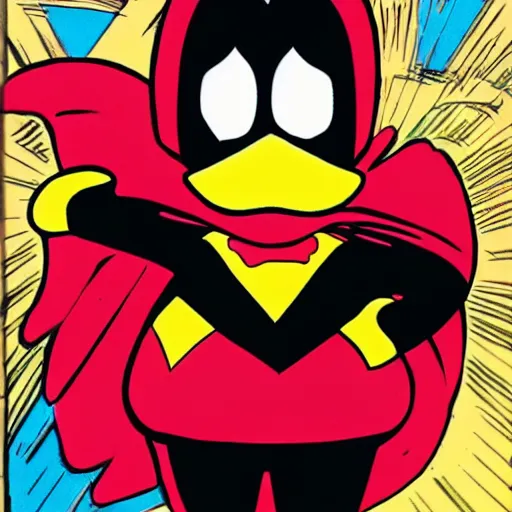 Image similar to An anthropomorphic duck wears a black superhero costume with a black mask and a red cape. Comic book style