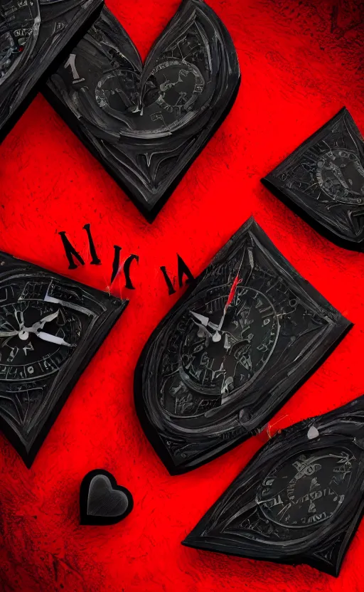 Image similar to a melting Roman numeral clock, behind a red and black gradient background, awith a black heart shaped on the top left corner and a black diamond card shape in the bottom right corner, dynamic lighting, photorealistic fantasy concept art, trending on art station, stunning visuals, cinematic, creative, ultra detailed