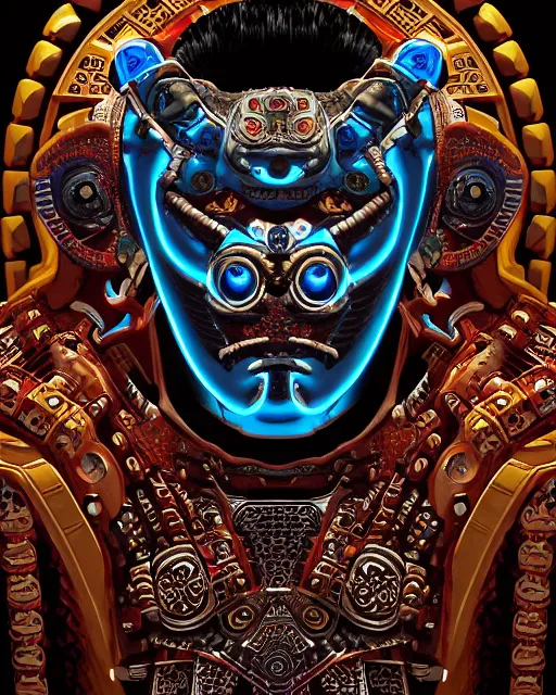 Image similar to portrait of a mayan masculine male cyberpunk jaguar warrior, machine face, upper half portrait, decorated with italian opera motifs, muscular, latin, geek mythology, wuxia, traditional mayan art, intricate intense elegant, highly detailed symmetry headpiece digital painting artstation concept art smooth sharp focus illustration, art by moebius and frank miller diego rivera 8 k