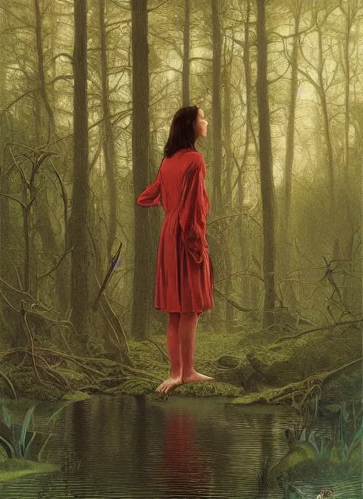 Image similar to portrait of jennifer connelly in searching in the woods standing before the mysterious small pond, twin peaks poster art, from scene from twin peaks, by michael whelan, rossetti bouguereau, artgerm, retro, nostalgic, old fashioned