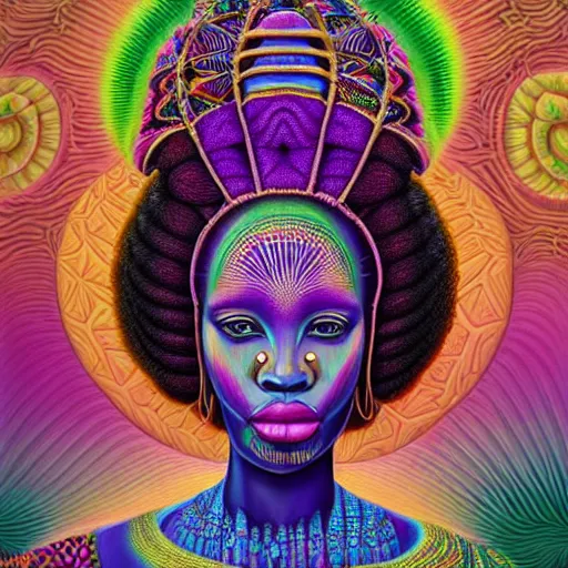 Image similar to a regal and heroic african queen with a colorful afro sitting in a cabana near a large steampunk pyramid near a pink river with a large glowing baobab tree, by amanda sage and alex grey and evgeni gordiets in a surreal psychedelic style, symmetrical, detailed eyes, oil on canvas 8k, hd