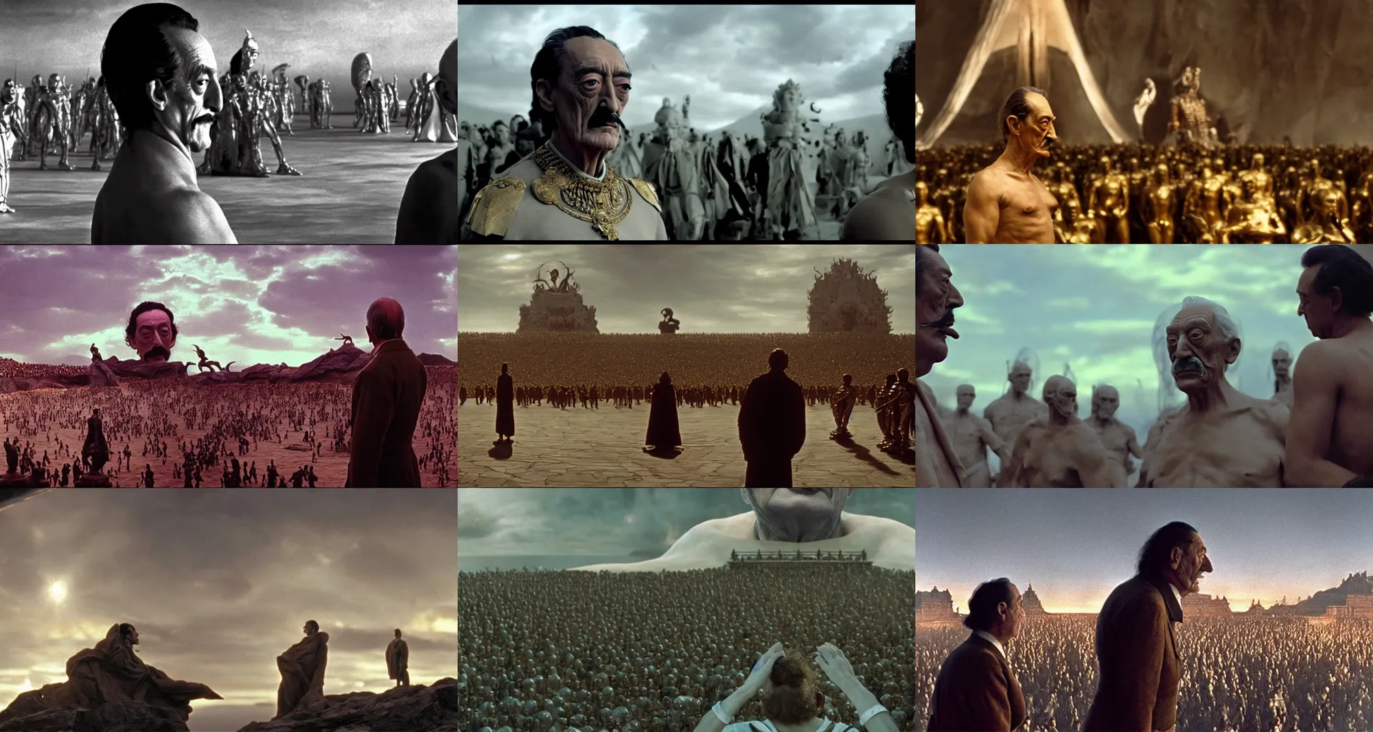 Prompt: the teasing salvador dali in the role of emperor on the foreground | crowd of people on the background | still frame from the prometheus movie by ridley scott and alejandro jodorowsky with cinematogrophy of christopher doyle, anamorphic bokeh and lens flares, 8 k, higly detailed masterpiece