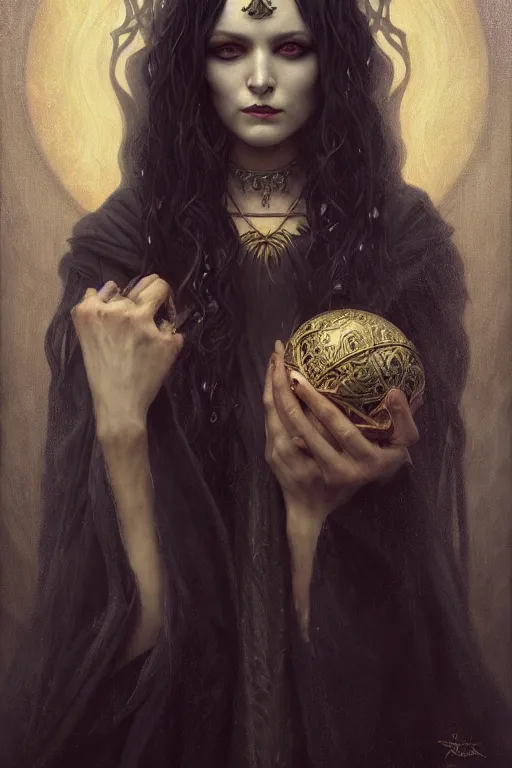 Image similar to a portrait of the Raven Queen, dark magic, illustration, dramatic lighting, soft details, painting oil on canvas, art nouveau, octane render, HDR, 4k, 8k, HD, by Edmund Blair Leighton, Brom, Charlie Bowater, trending on artstation, ,Tom Bagshaw faces by otto Schmidt