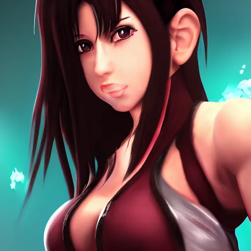 Image similar to digital art of tifa lockhart with pink eyes, trending on artstation