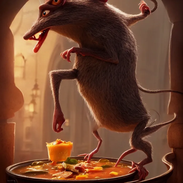 Image similar to beautiful cinematic fantasy poster the rat from ratatouille dramatically tossing food into a copper pot of soup, wideshot ultrawide angle epic scale, hybrid from The Elden Ring and art direction by Darius Zawadzki ;by artgerm; wayne reynolds art station; cinematic quality character render; low angle; ultra high quality model; production quality cinema model;