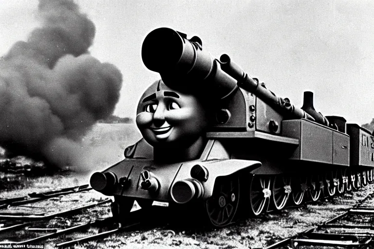 Image similar to WW2 era photograph, the face of Thomas the tank engine attached to a 800mm German super-heavy-mortar with a huge gun barrel firing a shot upwards, there are german soldiers running around, grainy, high detail