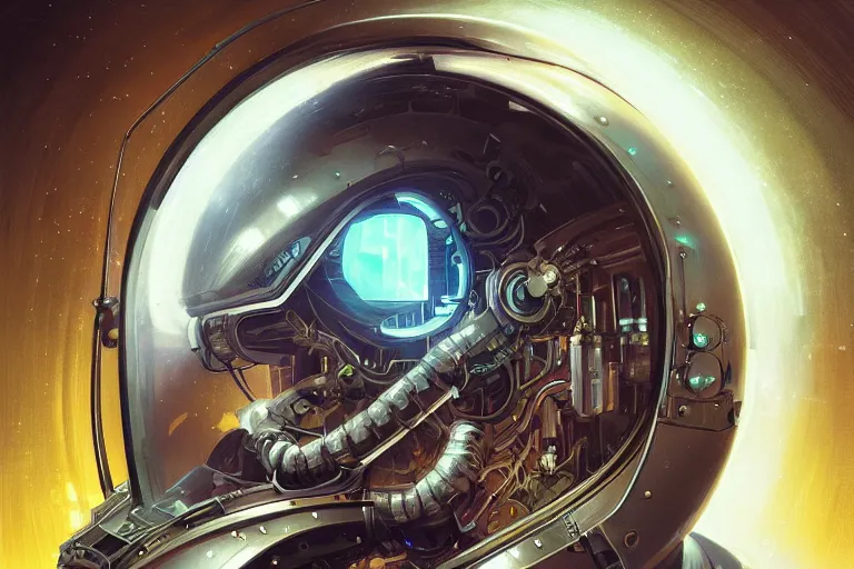 Image similar to portrait of a biomechanical head inside a cyberpunk space helmet, vintage transistors, neon, white metal, iridescent visor, smooth, sharp focus, art by Greg Rutkowski and artgerm and Alphonse Mucha,