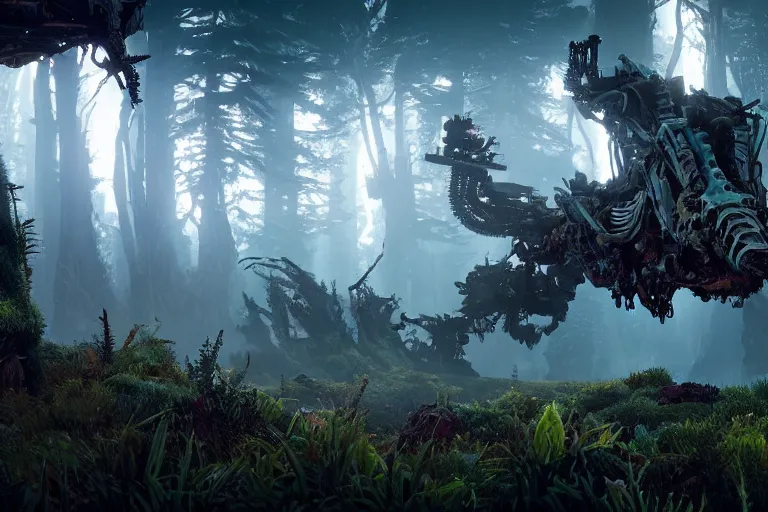 Image similar to wide epic shot from horizon forbidden west. a hyper detailed organic mechanic creatuve realistic similar look as horizon forbidden west horizon zero dawn, bioluminiscence in a dark deep forest at dawn in spring, with reflection and textures, by kilian eng, substance painter reaslitic mech surface metal painted scratches, world env from horizon forbidden west horizon zero dawn