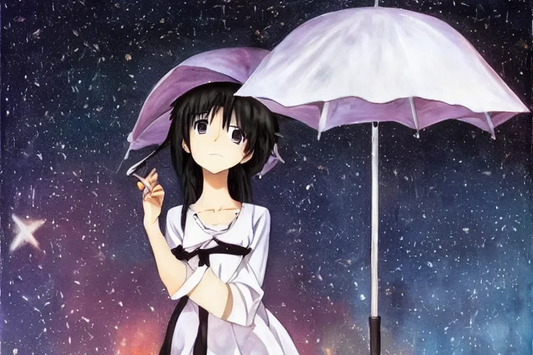 Prompt: mayuri shiina from steins gate, beautiful anime, oil painting, holding a umbrella, watching the stars, cuta anime