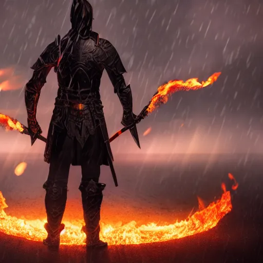 Image similar to The dark paladin with a heated sword in his hand and a burning flame with a sword in the rain. cinematic shot from back, realistic, 4K,