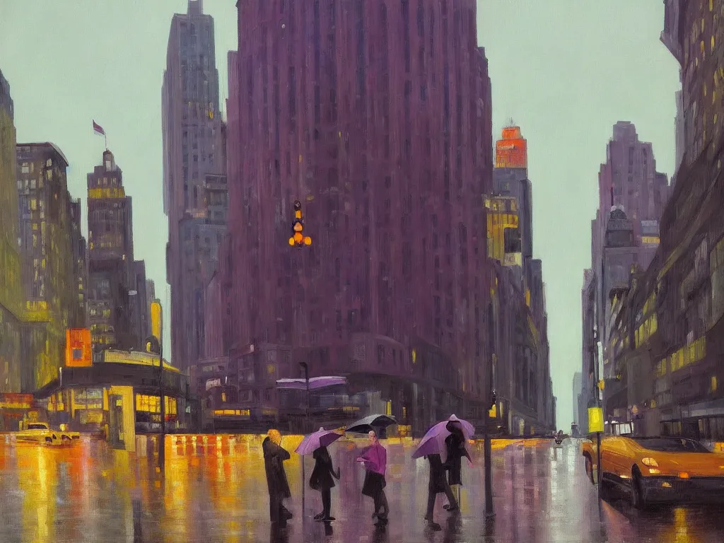 Image similar to cityscape view of new york city night, raining, purple storm skies, man with umbrella, ultra view angle view, realistic detailed painting by edward hopper