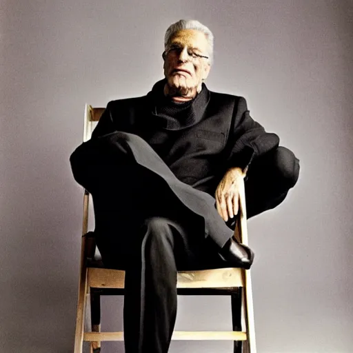 Image similar to charismatic, wise man, sitting on a chair, photo for vogue by annie liebovitz