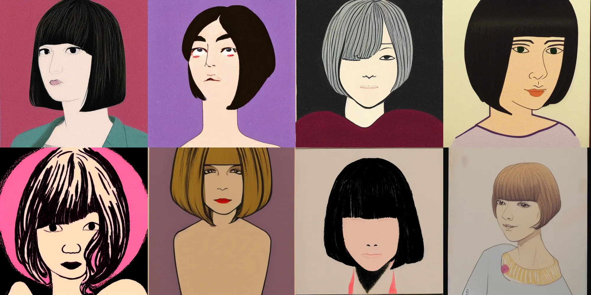 Prompt: portrait of a woman with a bob cut in the style of Hisashi Eguchi