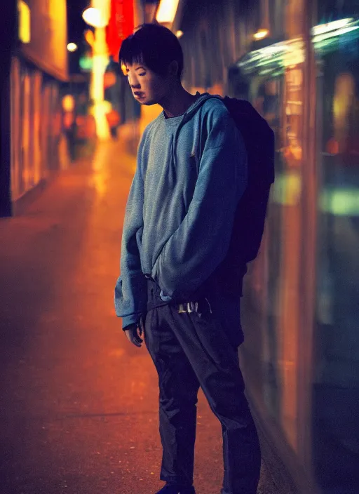 Image similar to High sneakers cyberpunk japanese, blue hour, twilight, cool, portrait, Kodachrome, ISO1200,