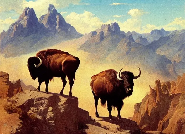 Image similar to willem dafoe as a native american riding bison, buffalo, native american warrior, mountain range, beautiful sky, standing on the edge of a cliff, 1 9 th century, painted by frazetta