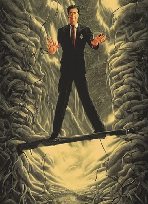 Image similar to evil beings are puppetmasters, pull the strings into the mind of tom cruise, they reach into his mind, twin peaks poster art, from scene from twin peaks, by michael whelan, artgerm, retro, nostalgic, old fashioned