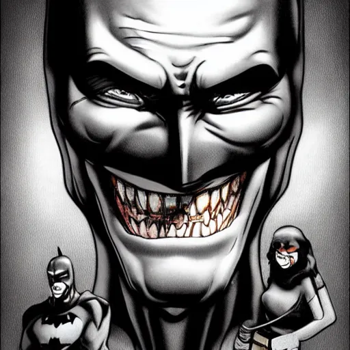 Image similar to batman, smiling, unnatural grin, horror, creepy, smoke, black, dark, glow